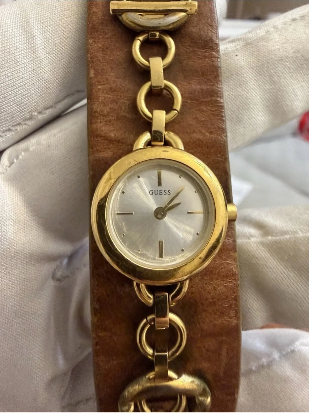 Vintage GUESS Women's Gold Tone Chain Link Leather Cuff Watch